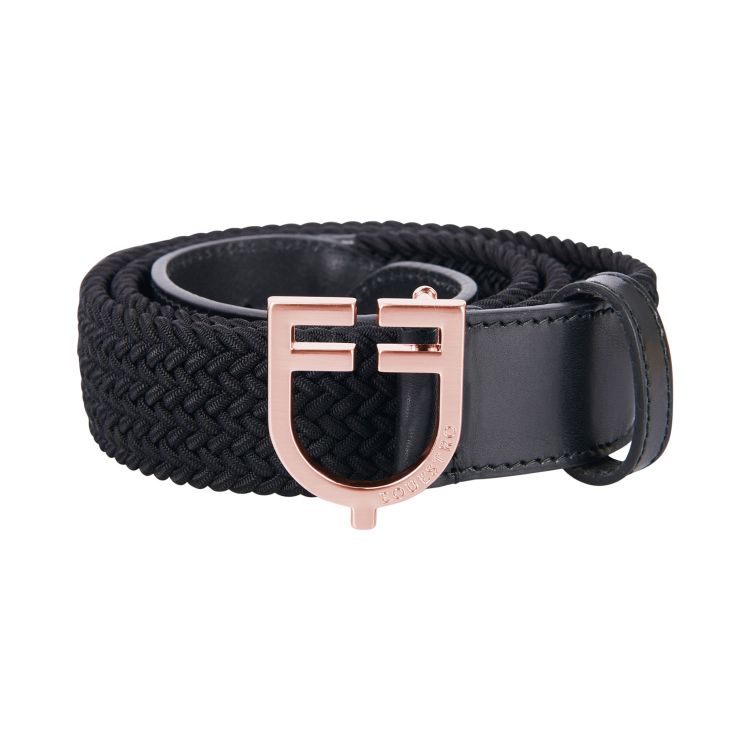 Leather elastic belt with rosegold logoed buckle