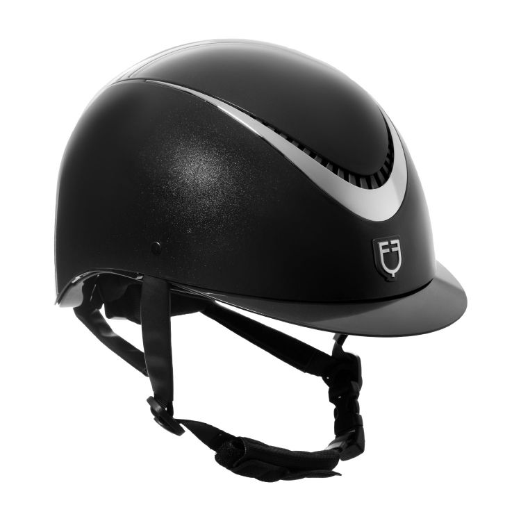 Glossy helmet with eco-leather strap and narrow visor homologation EN 1384-2023