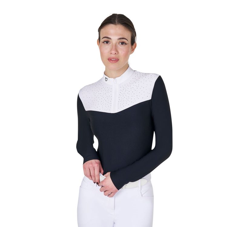 Women's long-sleeved competition polo shirt with rhinestones