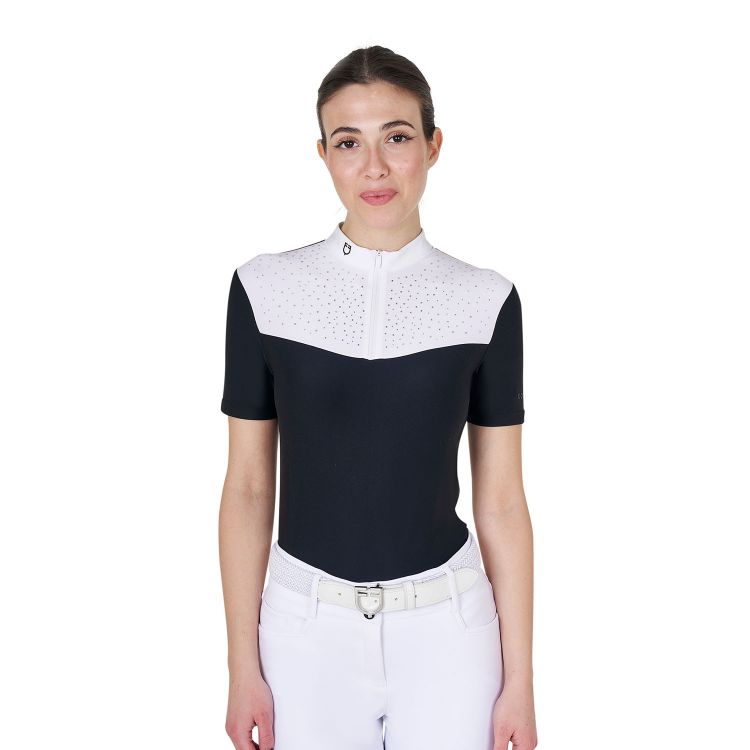 Women's short-sleeved competition polo shirt with front rhinestones