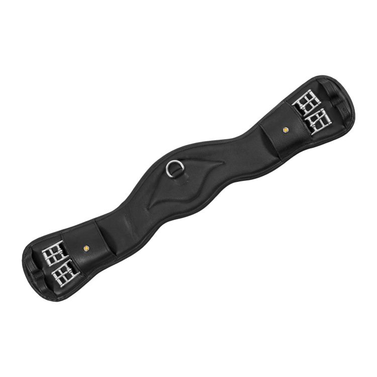 Shaped leather dressage girth with logo pin